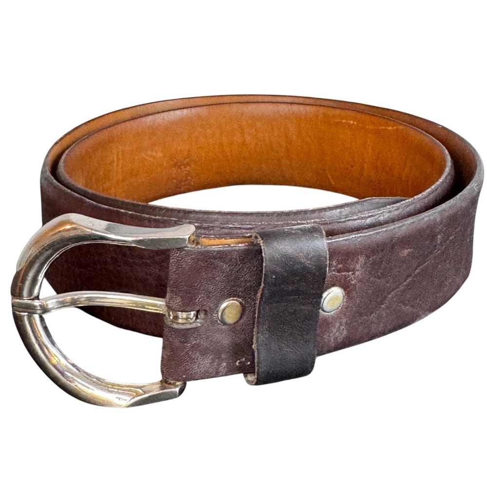RARE Antique Reddish Dark Brown Grain Calf Leather Belt‎ Silver Buckle Mens 34